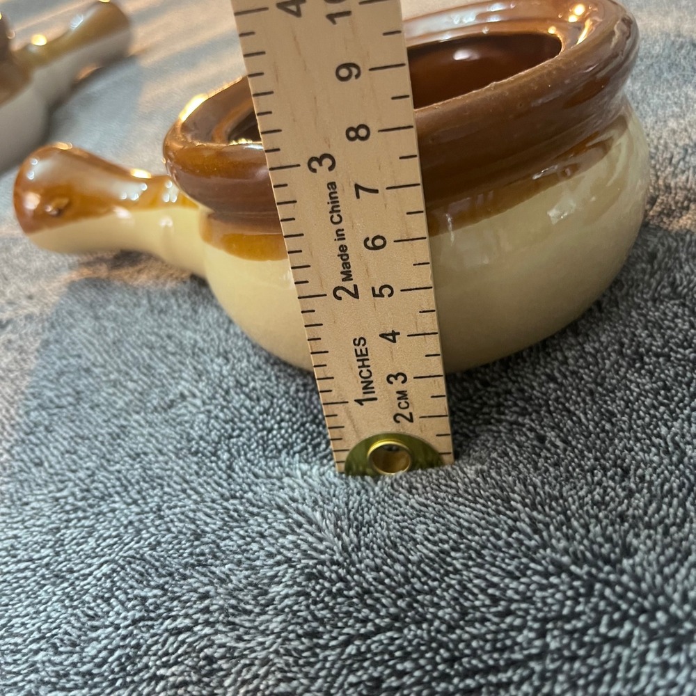 Vintage Set of 4 Brown Glazed Stoneware Soup Crocks with Lids and Handles - Picture 6 of 8